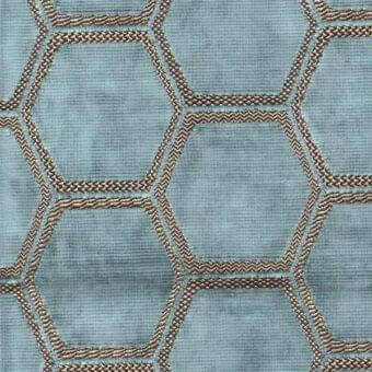 Duck egg blue woven fabric with repeating hexagon pattern outlined in bronze and beige herringbone cord, creating a textured geometric design.